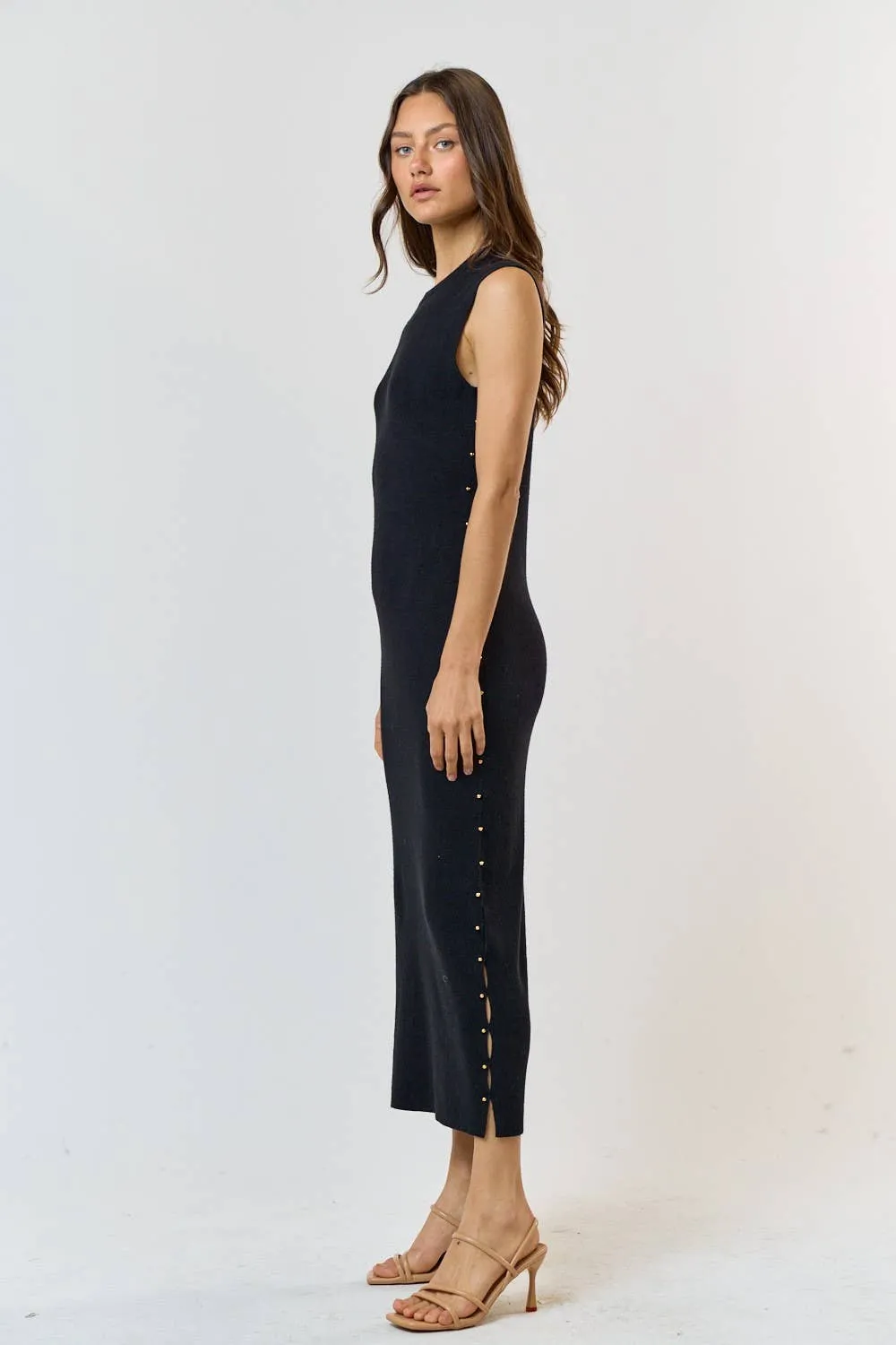 Side Stud Black Sweater Dress