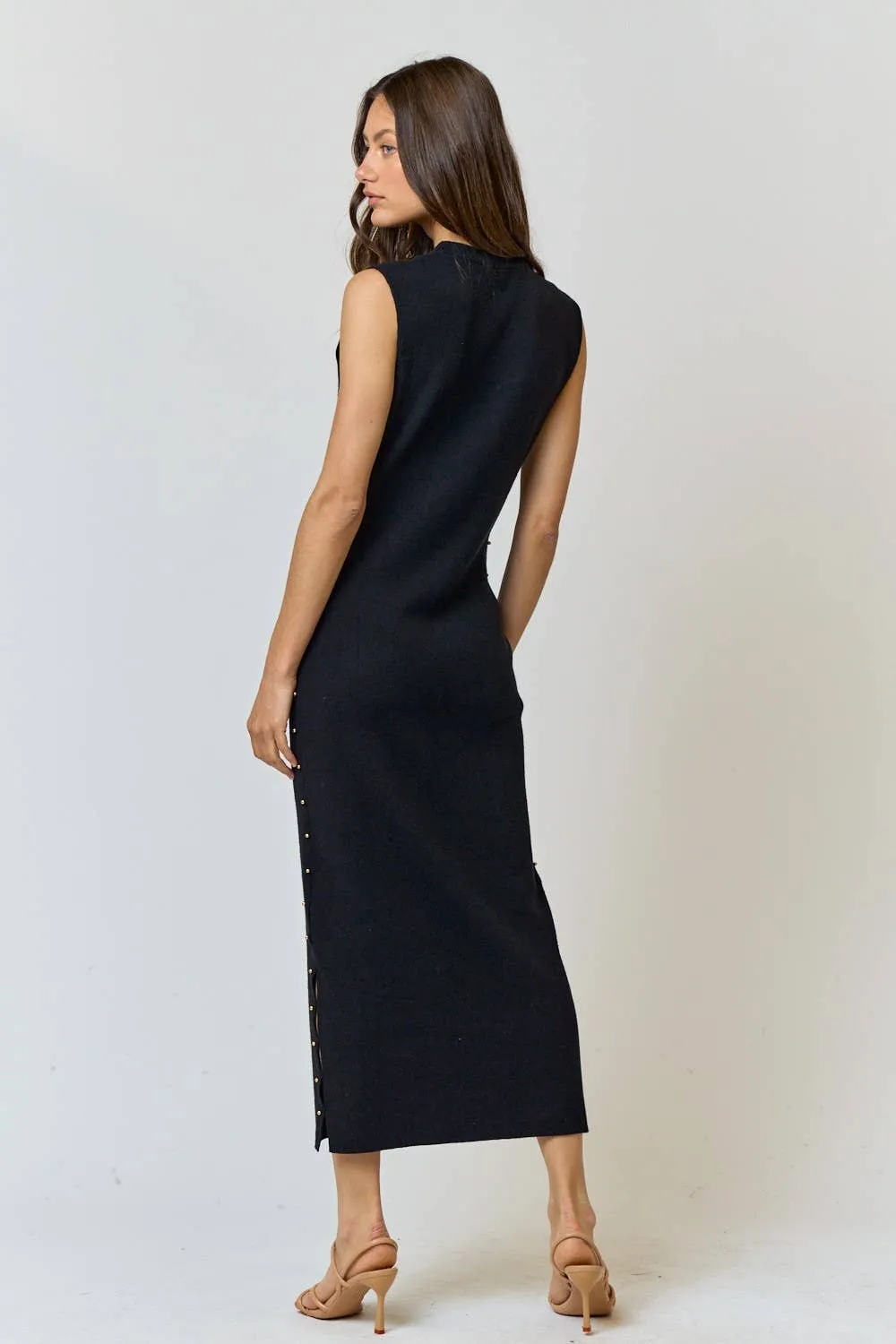 Side Stud Black Sweater Dress