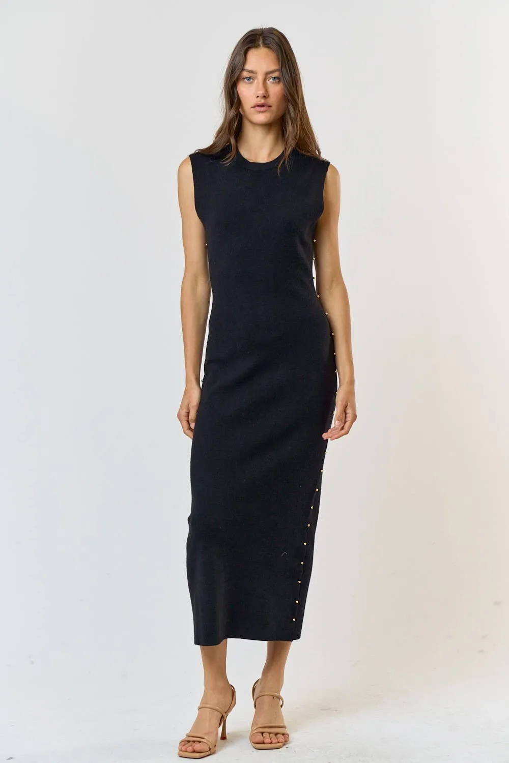 Side Stud Black Sweater Dress