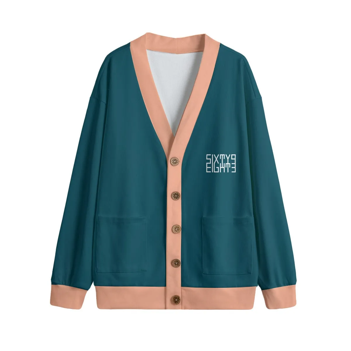 Sixty Eight 93 Logo White Dark Teal & Peach Unisex V-Neck Knitted Fleece Cardigan