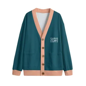 Sixty Eight 93 Logo White Dark Teal & Peach Unisex V-Neck Knitted Fleece Cardigan