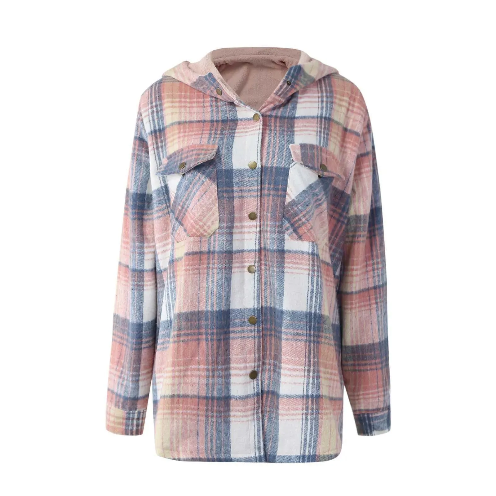 Snap-Up Plaid Shacket with Warm Lining