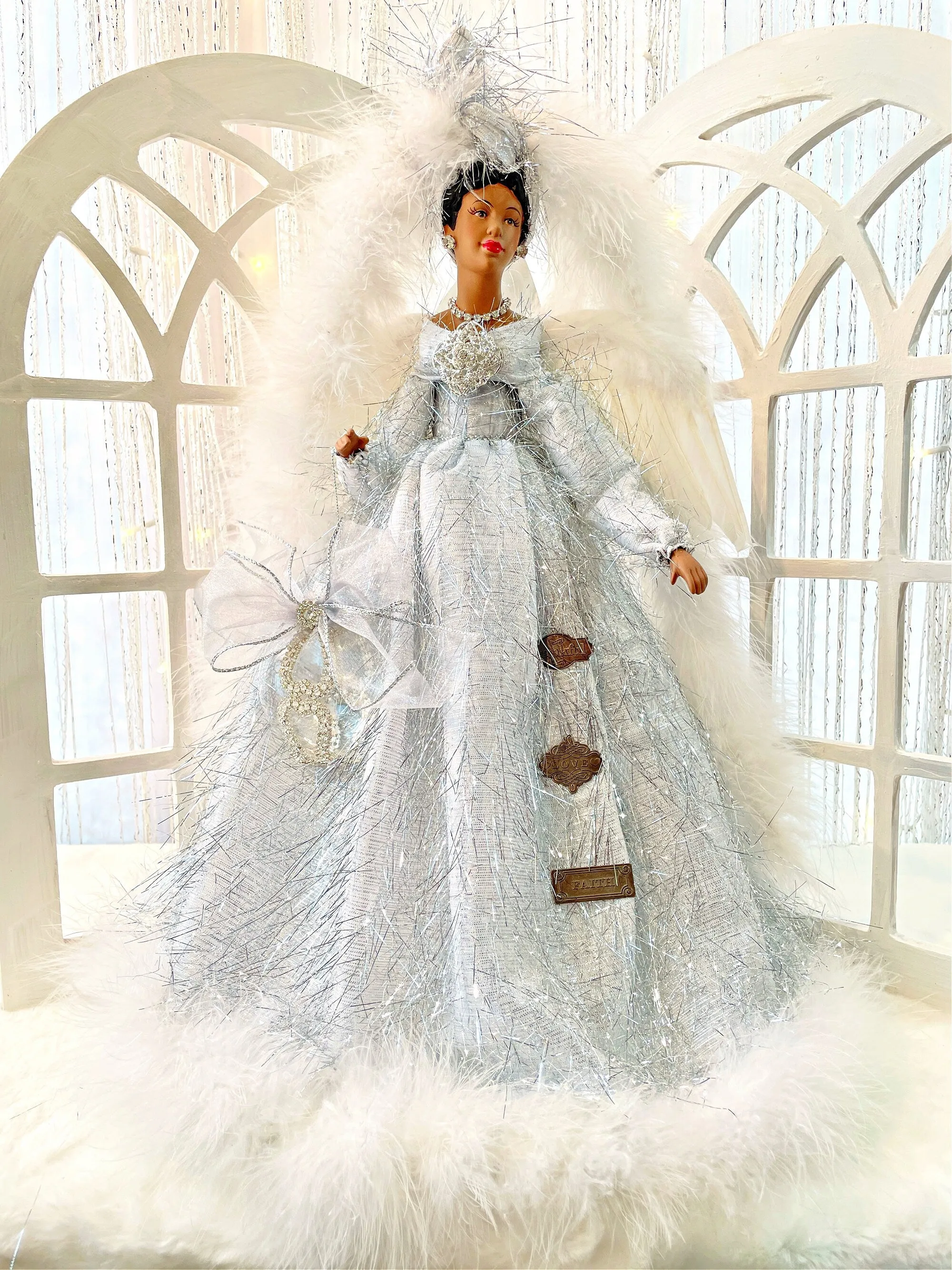 SOLD Large 18 Inch Christmas Angel Treetopper Mantle Sized Silver Holiday Home or Office Decoration African American Silver Tree Top Angel