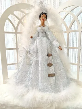 SOLD Large 18 Inch Christmas Angel Treetopper Mantle Sized Silver Holiday Home or Office Decoration African American Silver Tree Top Angel