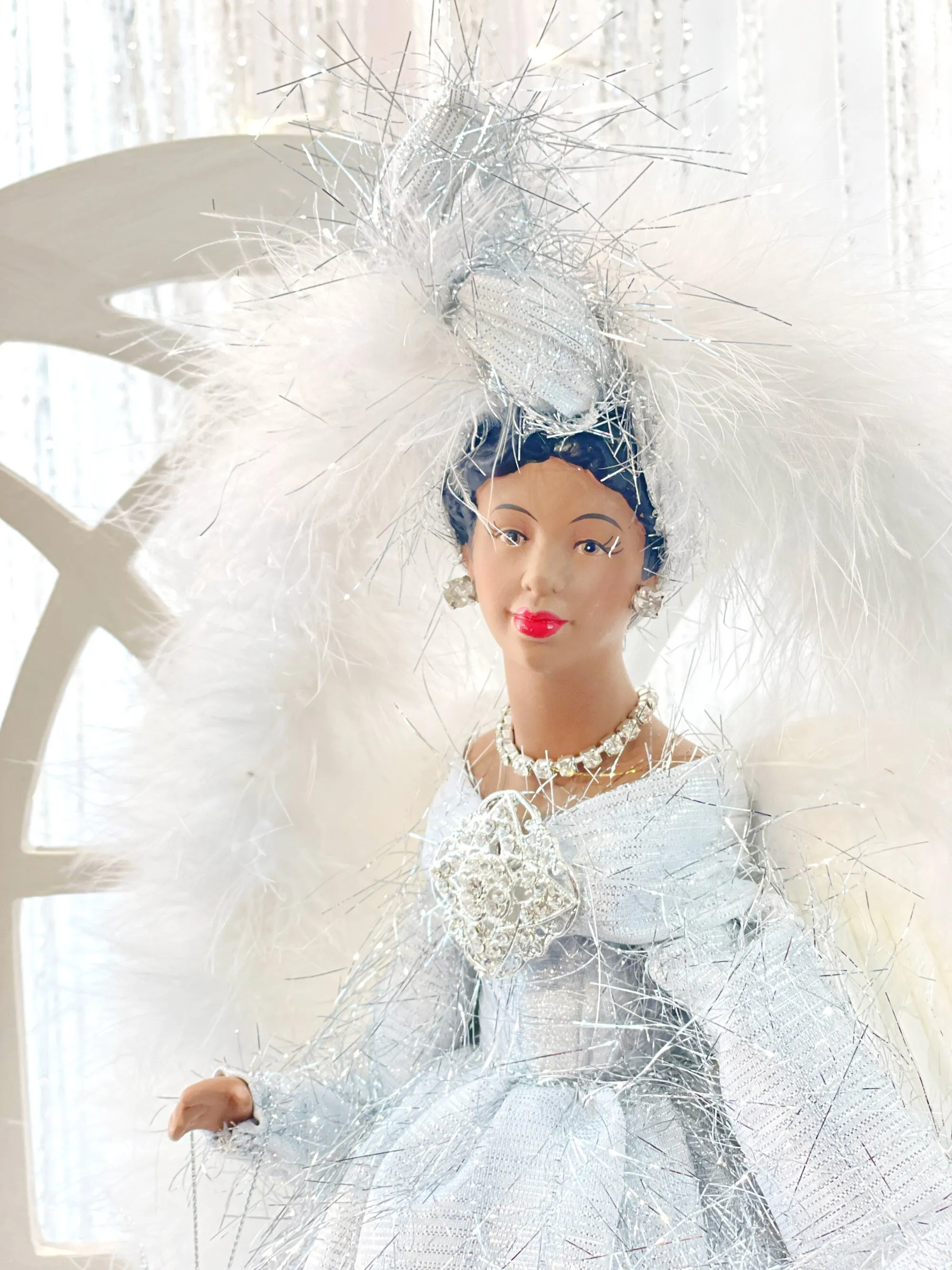 SOLD Large 18 Inch Christmas Angel Treetopper Mantle Sized Silver Holiday Home or Office Decoration African American Silver Tree Top Angel