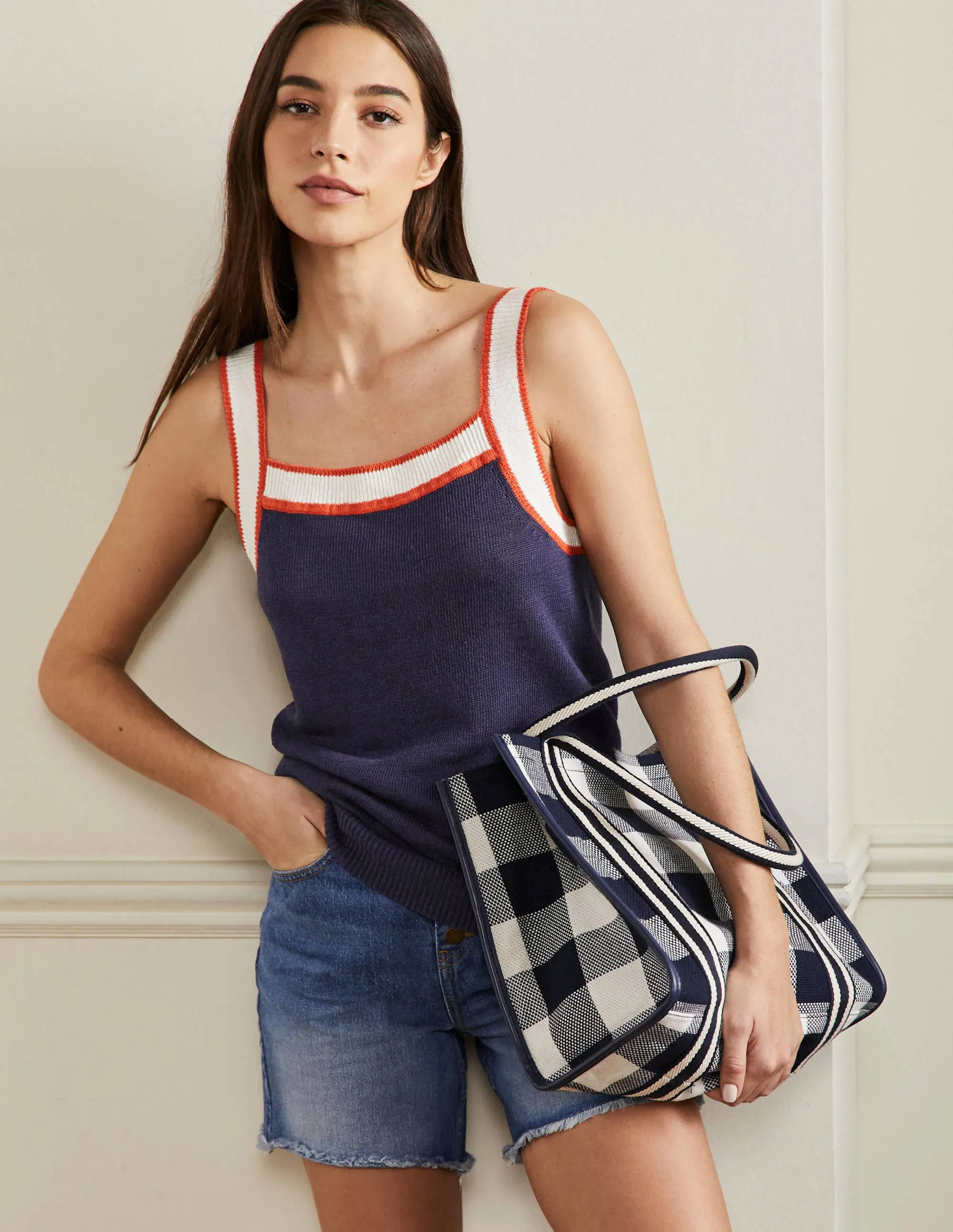 Square Neck Linen Vest-Navy
