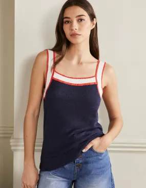 Square Neck Linen Vest-Navy