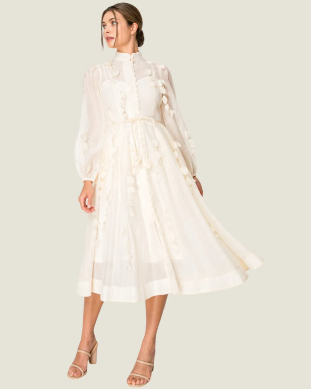 The Sandra: Button Up Ivory Flower Detailed Maxi Dress