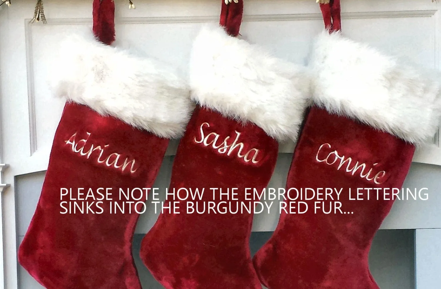 This luxurious plush 21'' Christmas stocking is a deep burgundy color with faux fox fur trim.