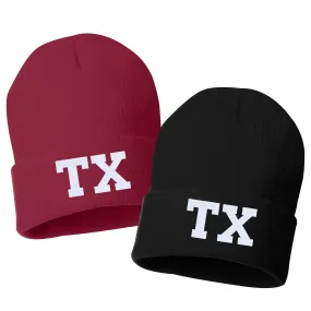 TX State Abbreviation Embroidered Cuffed Beanie Hat