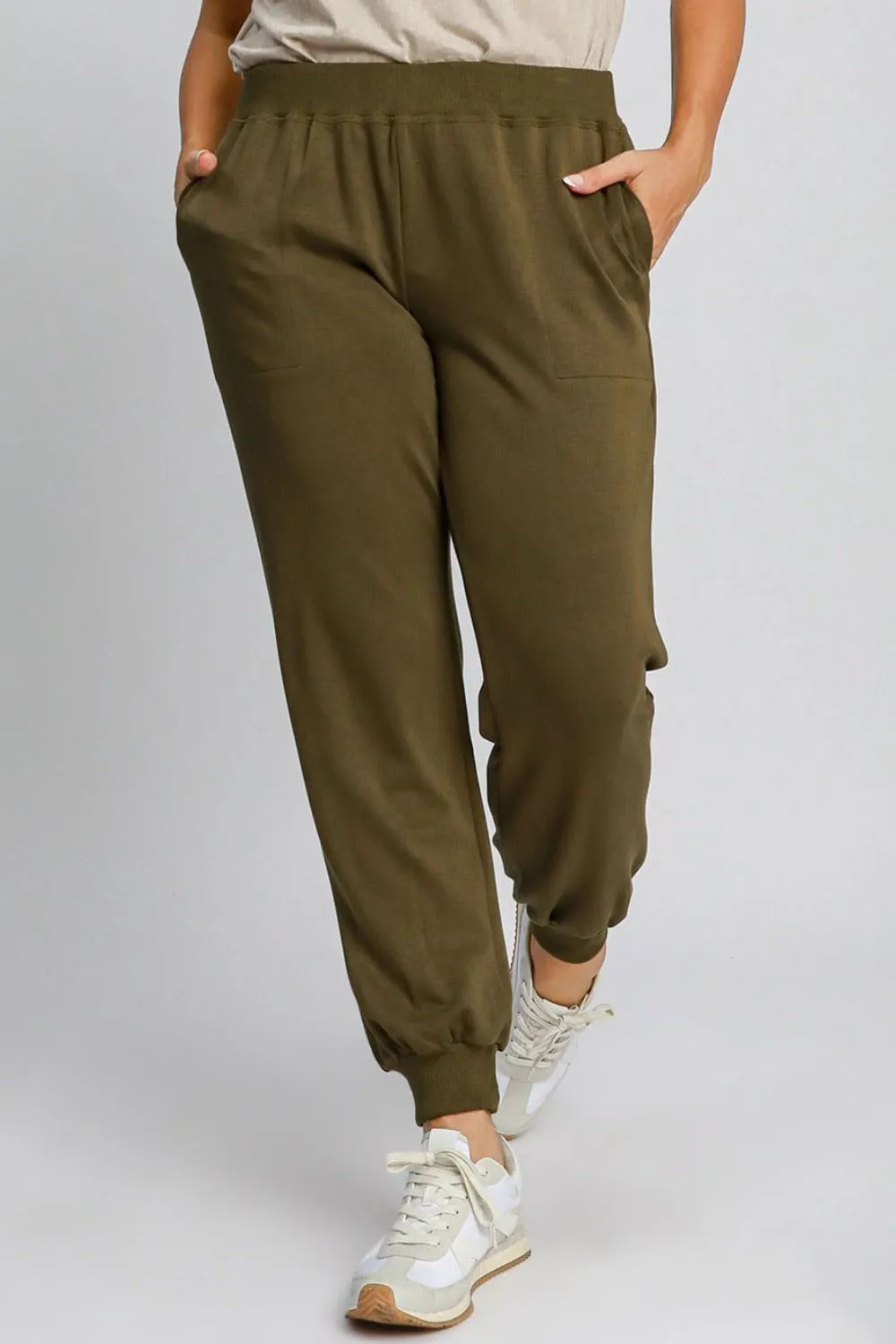 Umgee Full Size High Rise Elastic Waist Knit Joggers with Pockets Plus Size