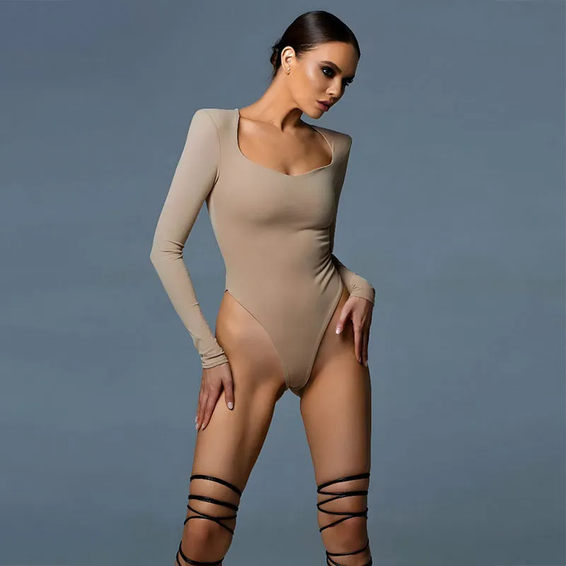 V Neck Long Sleeve White Bodysuit Padded Shoulders