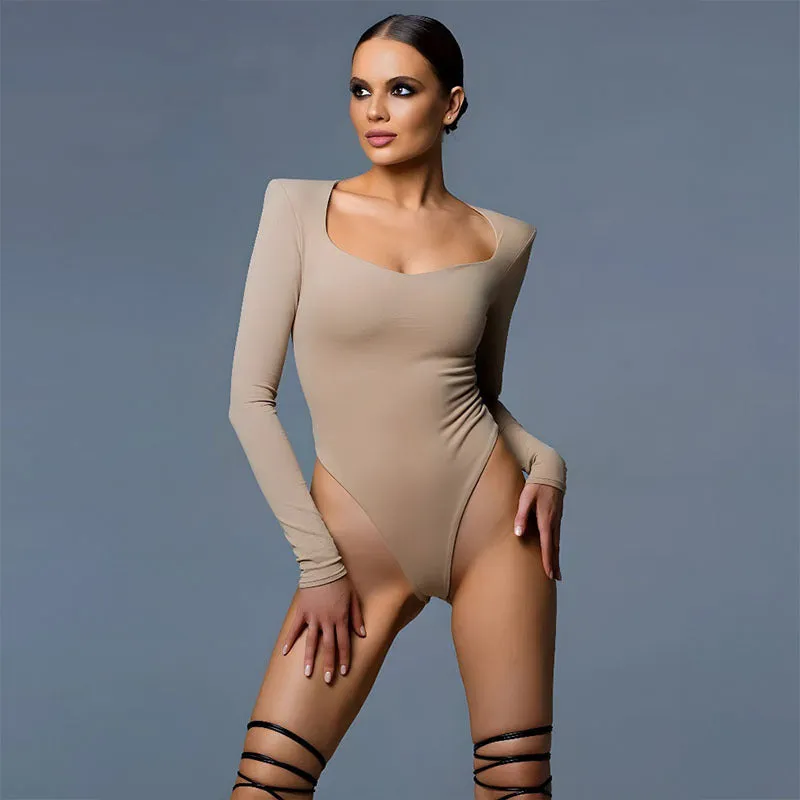 V Neck Long Sleeve White Bodysuit Padded Shoulders