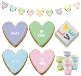 Valentine's Day Party Supplies (Conversation Heart Pastel & Gold Paper Dinner Plates, Lunch Napkins, Table Cover, and Garland Set (Serves 16))
