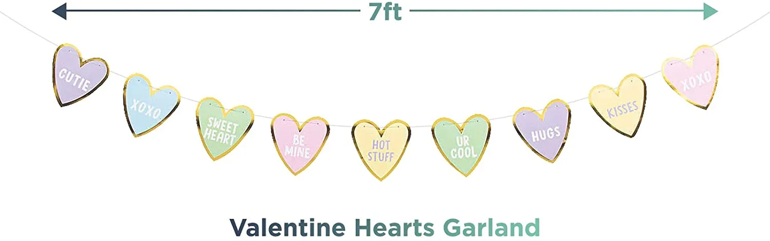Valentine's Day Party Supplies (Conversation Heart Pastel & Gold Paper Dinner Plates, Lunch Napkins, Table Cover, and Garland Set (Serves 16))