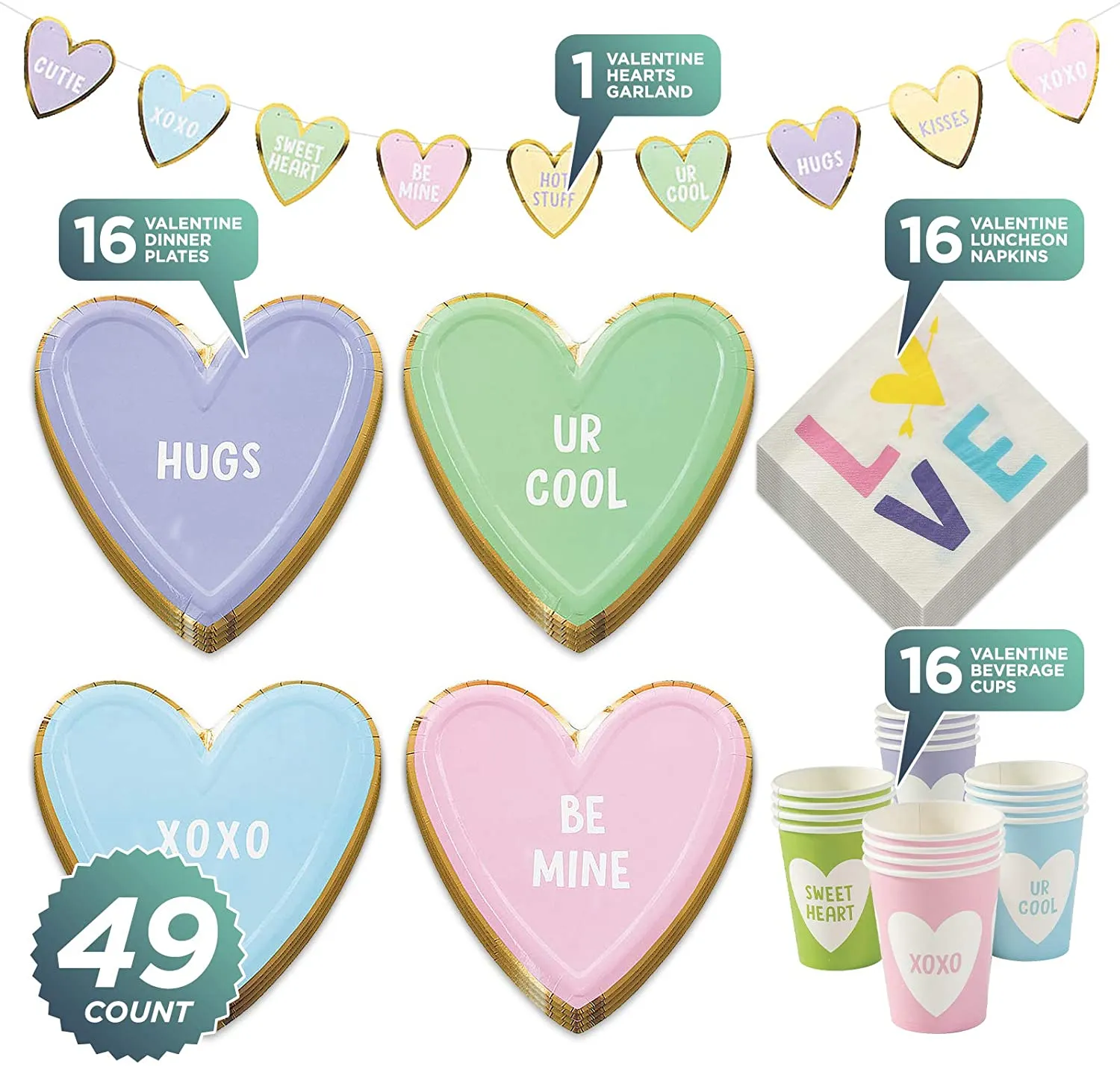 Valentine's Day Party Supplies (Conversation Heart Pastel & Gold Paper Dinner Plates, Lunch Napkins, Table Cover, and Garland Set (Serves 16))
