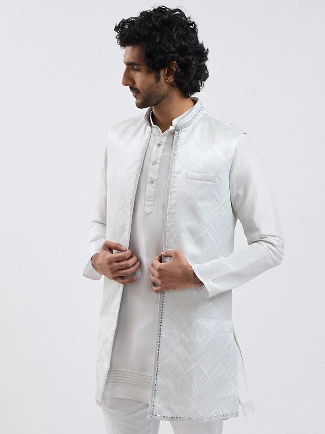 VASTRAMAY Men's Silver Cotton Blend Nehru Jacket