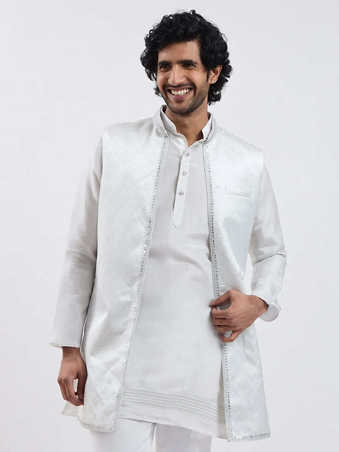 VASTRAMAY Men's Silver Cotton Blend Nehru Jacket