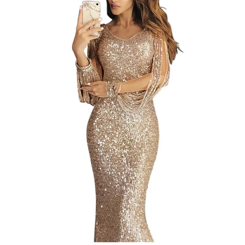 Women v neck maxi glitter fringe long sleeve prom dresses