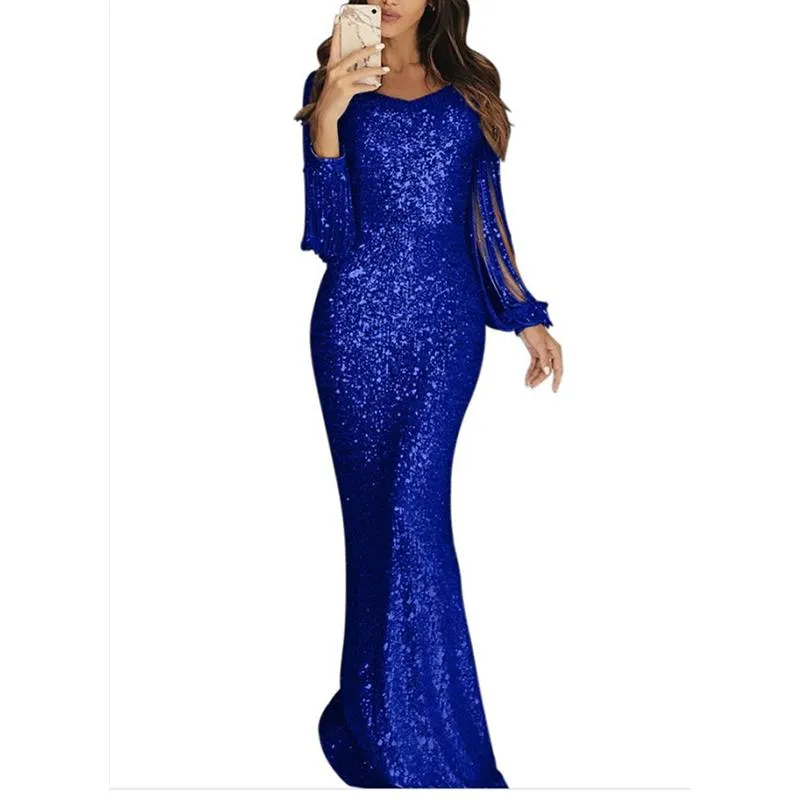 Women v neck maxi glitter fringe long sleeve prom dresses
