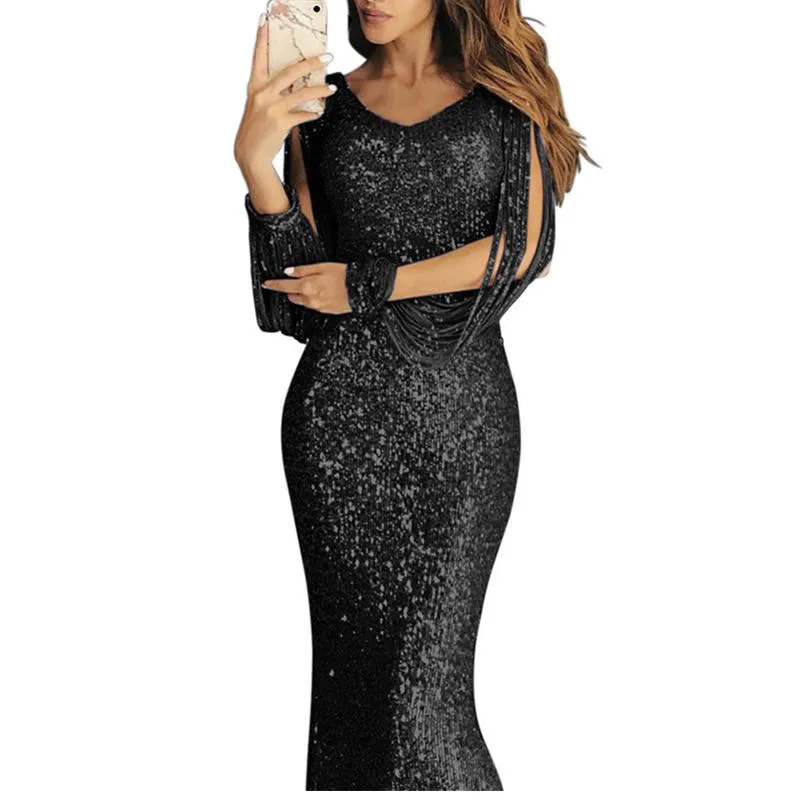 Women v neck maxi glitter fringe long sleeve prom dresses
