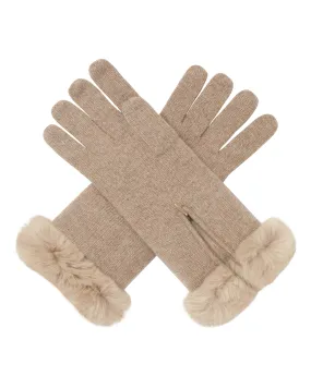 Women's Fur Trim Cashmere Gloves Oatmeal Brown