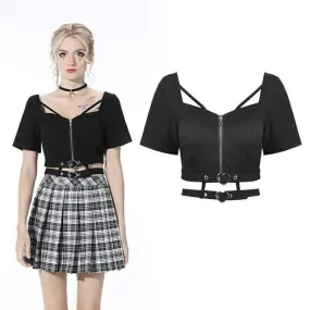 Women's Punk Cutout Zipped Black Crop Top