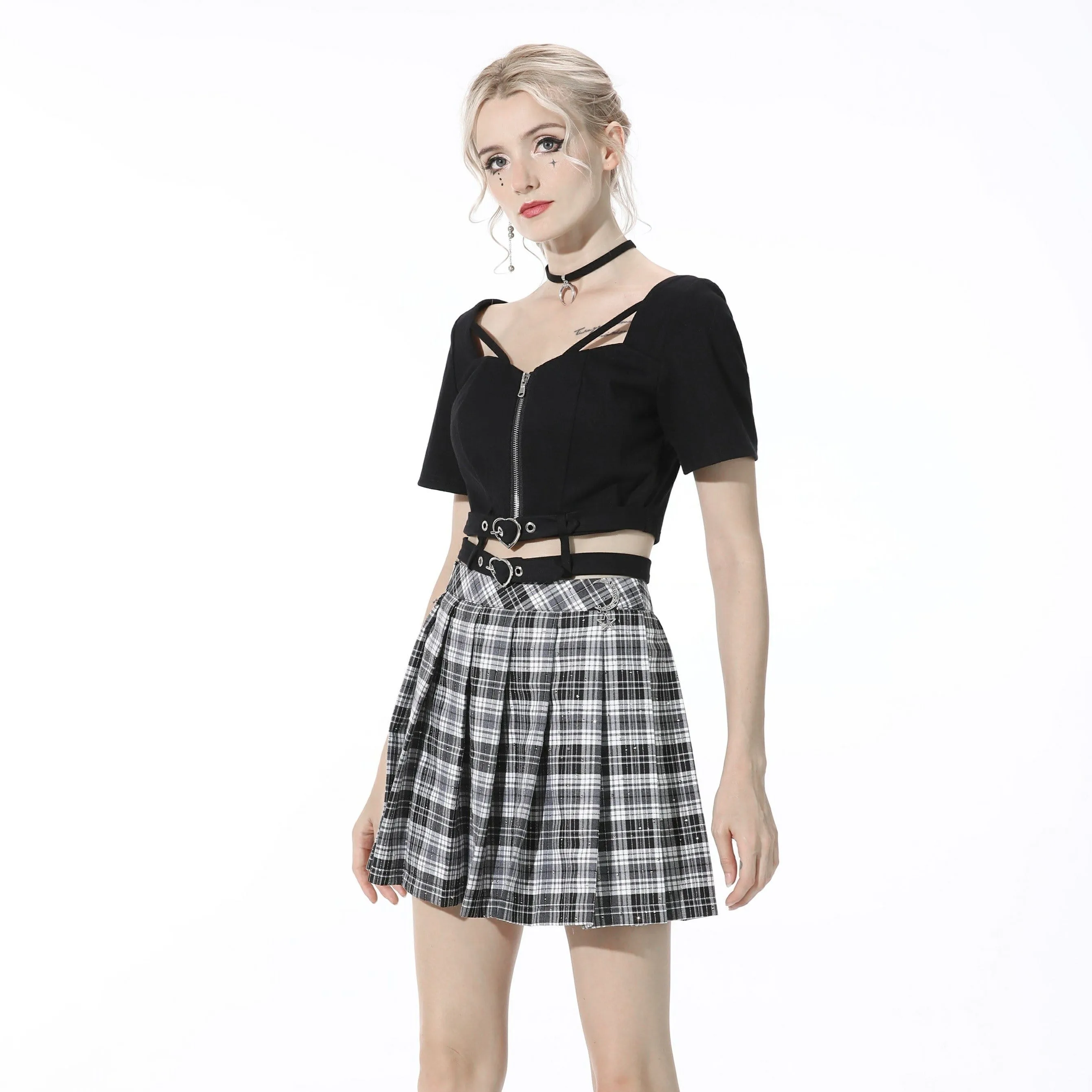 Women's Punk Cutout Zipped Black Crop Top