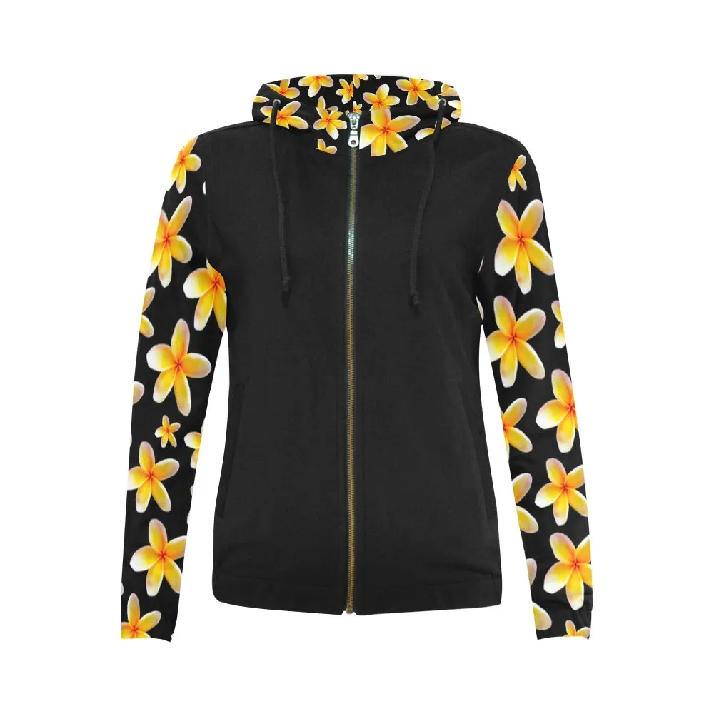 Yellow Frangipanis Black Full Zip Hoodie up to 2 XL